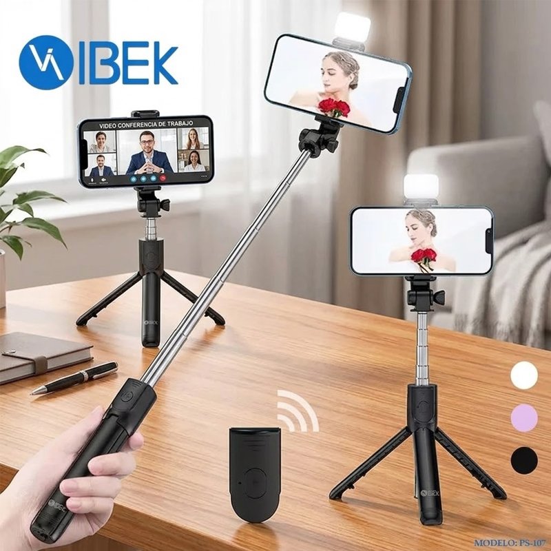 PALO SELFIE TRIPODE CON LUZ LED Y CONTROL BLUETOOTH PARA CELULAR PS-107 IBEK